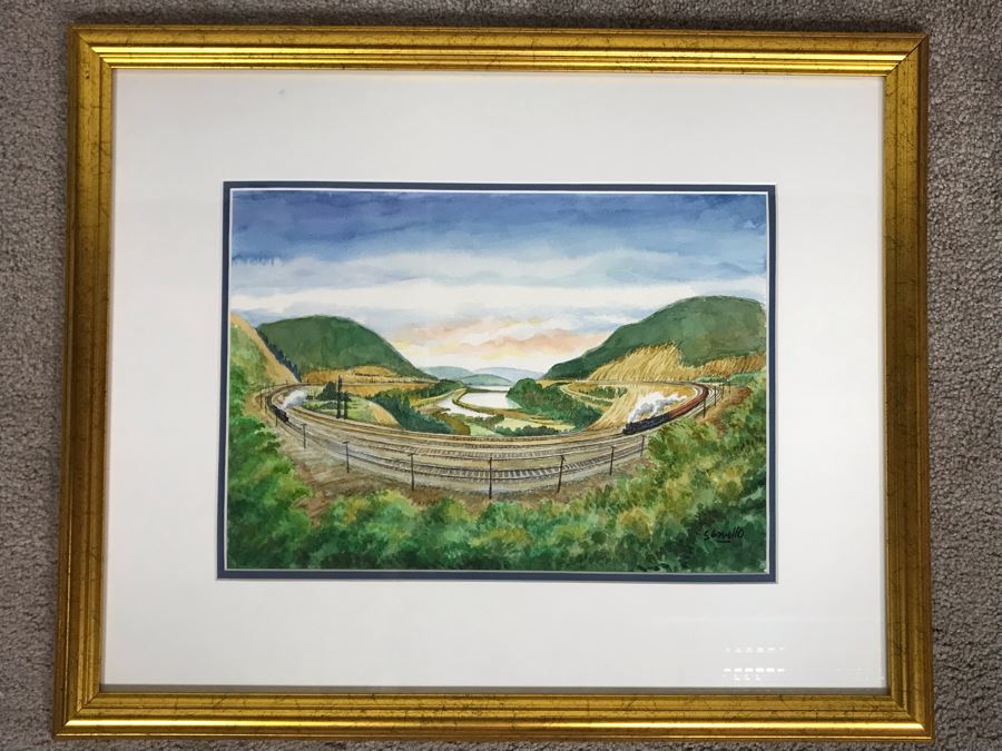 Original Joe Servello Watercolor Painting Of Altoona's Railroad Horseshoe Curve National Historic Landmark Trains 13.5 X 10 [Photo 2]