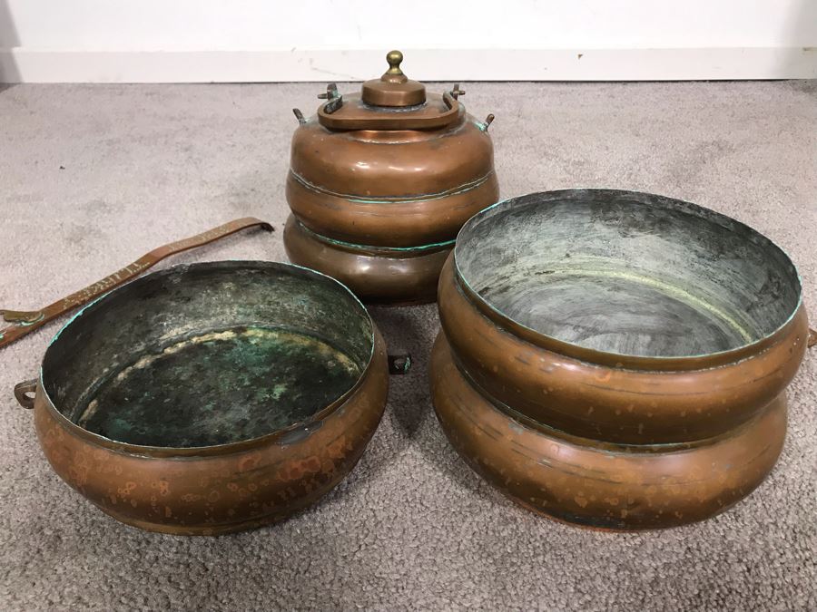 Vintage Copper Tiffin 3 Tier Turkish Lunch Box Beehive Shape Signed Mehmet Erdin Turkey 9W X 14H [Photo 14]