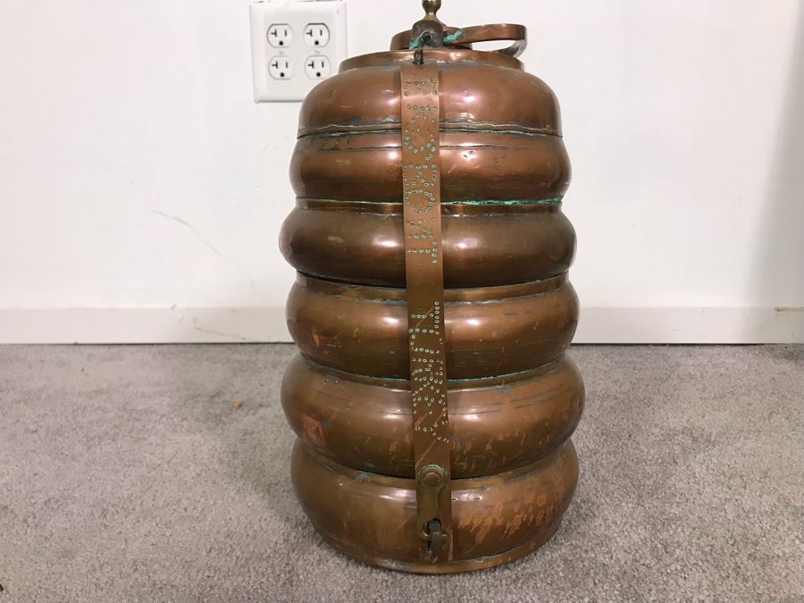 Vintage Copper Tiffin 3 Tier Turkish Lunch Box Beehive Shape Signed Mehmet Erdin Turkey 9W X 14H [Photo 5]