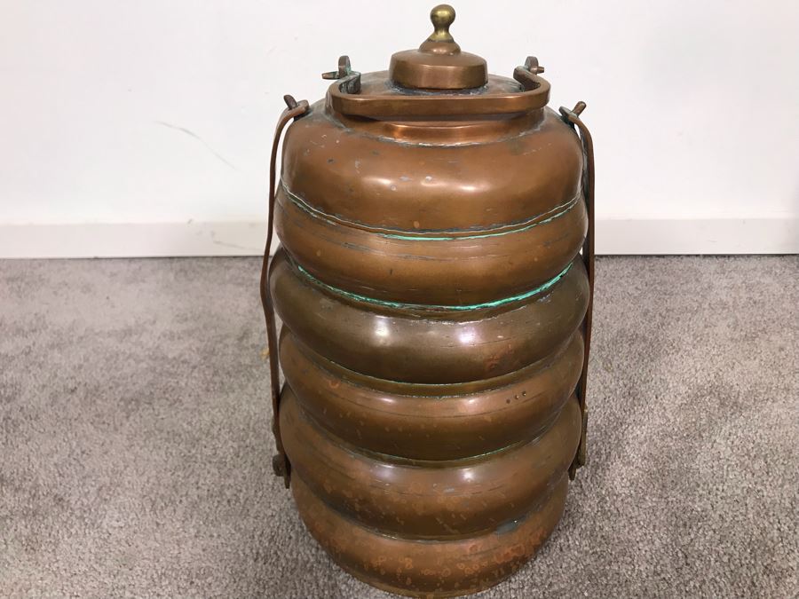 Vintage Copper Tiffin 3 Tier Turkish Lunch Box Beehive Shape Signed Mehmet Erdin Turkey 9W X 14H [Photo 11]