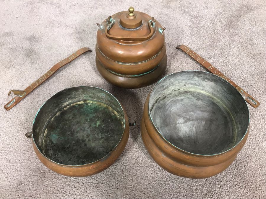Vintage Copper Tiffin 3 Tier Turkish Lunch Box Beehive Shape Signed Mehmet Erdin Turkey 9W X 14H [Photo 13]
