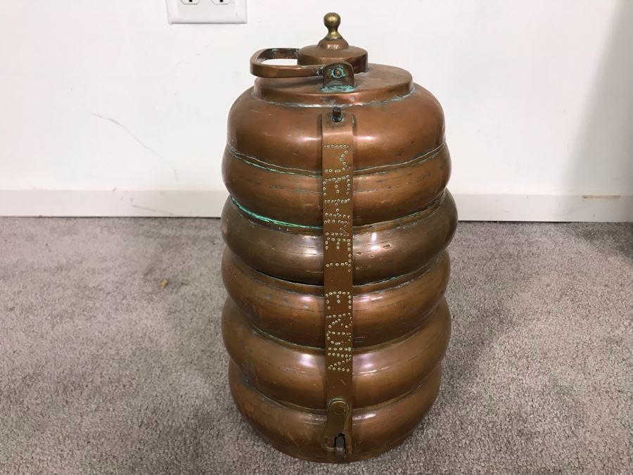 Vintage Copper Tiffin 3 Tier Turkish Lunch Box Beehive Shape Signed Mehmet Erdin Turkey 9W X 14H [Photo 2]