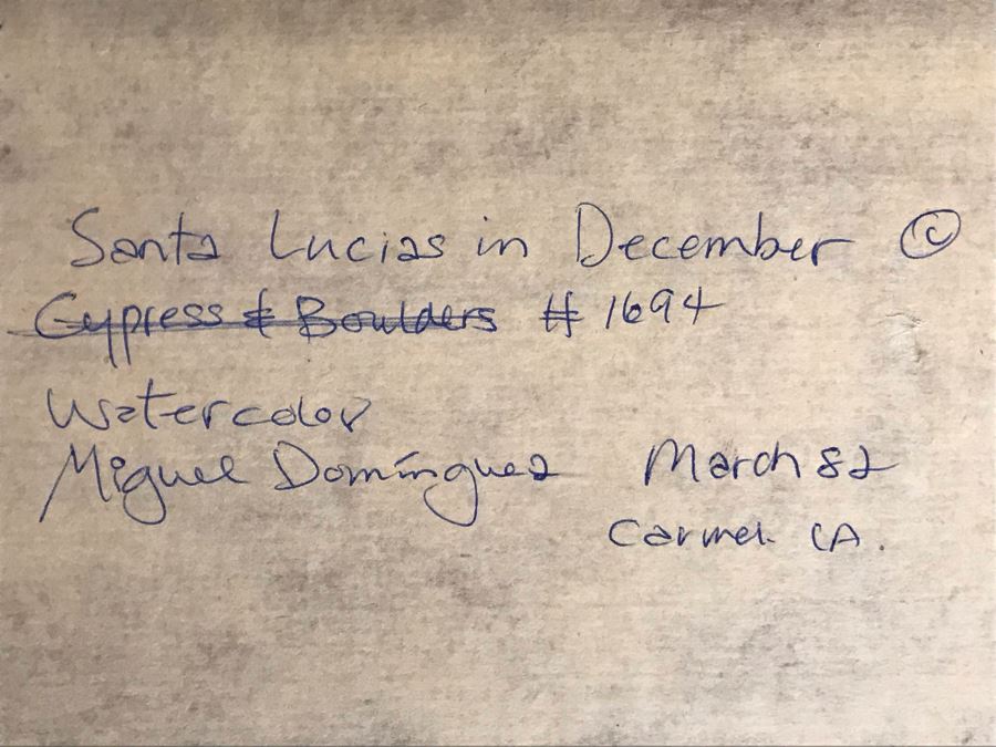 Original Miguel Dominguez Fine Art Framed Watercolor Painting Titled 'Santa Lucias In December' 1982 Carmel, CA Landscape Painting 28 X 22 [Photo 15]