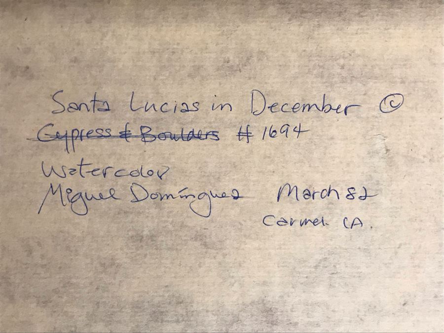 Original Miguel Dominguez Fine Art Framed Watercolor Painting Titled 'Santa Lucias In December' 1982 Carmel, CA Landscape Painting 28 X 22 [Photo 14]