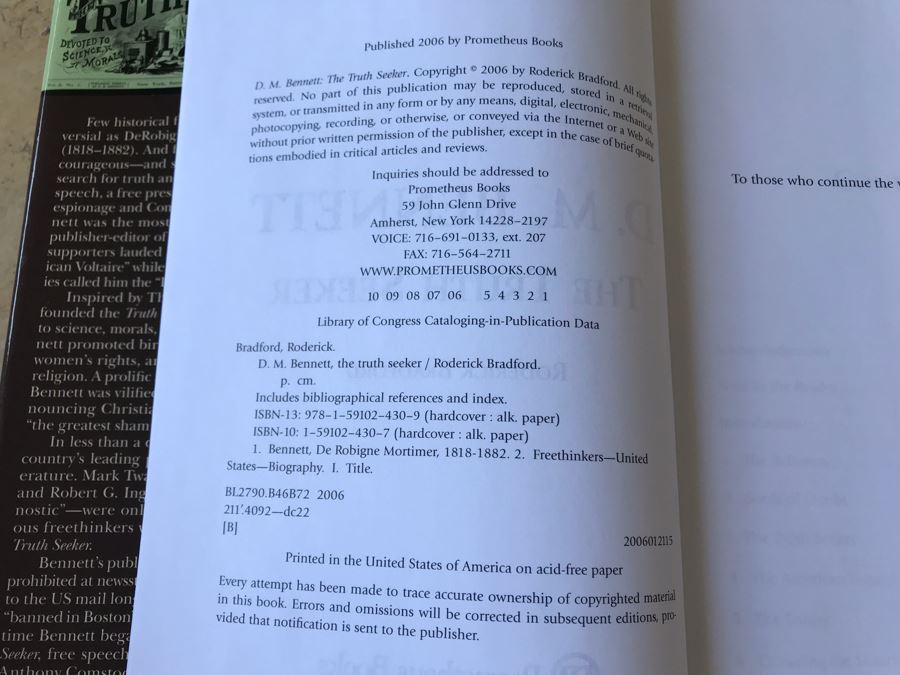 SIGNED Book: D. M. Bennett The Truth Seeker By Roderick Bradford [Photo 4]