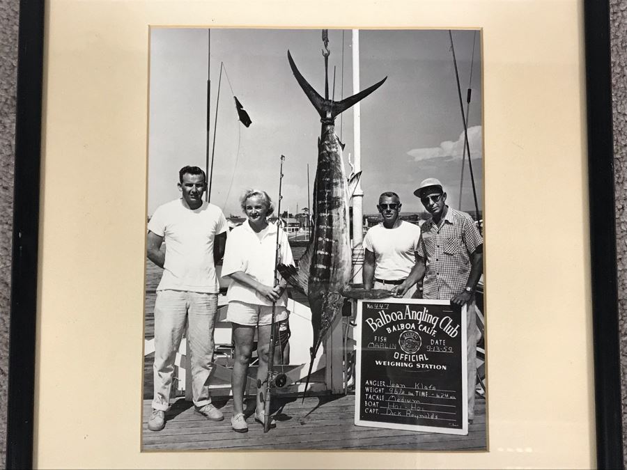 JUST ADDED - Vintage 1959 B&W Photograph Balboa Angling Club Marlin Caught By Jean Klafs 7.5 X 9
