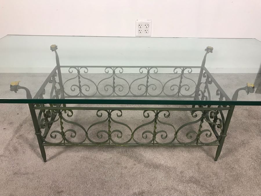 JUST ADDED - Vintage Green Wrought Iron Glass Top Coffee Table 5' X 30' [Photo 1]