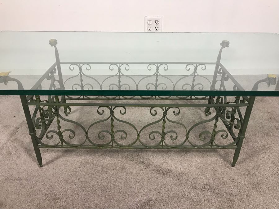 JUST ADDED - Vintage Green Wrought Iron Glass Top Coffee Table 5' X 30' [Photo 6]