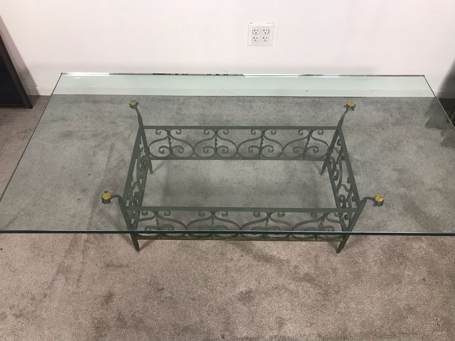 JUST ADDED - Vintage Green Wrought Iron Glass Top Coffee Table 5' X 30' [Photo 5]