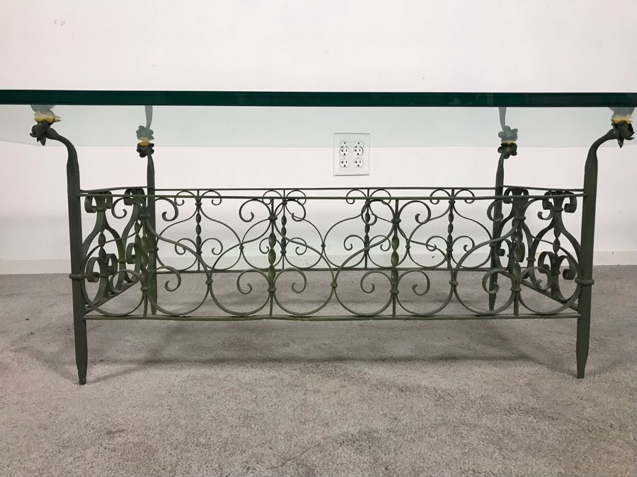 JUST ADDED - Vintage Green Wrought Iron Glass Top Coffee Table 5' X 30' [Photo 7]