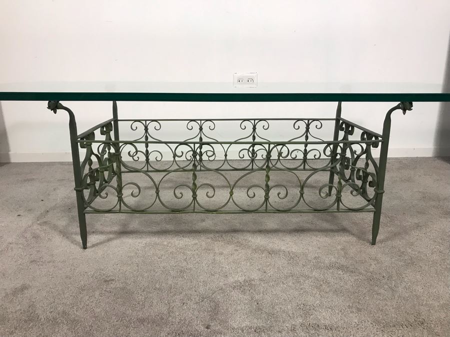 JUST ADDED - Vintage Green Wrought Iron Glass Top Coffee Table 5' X 30' [Photo 3]