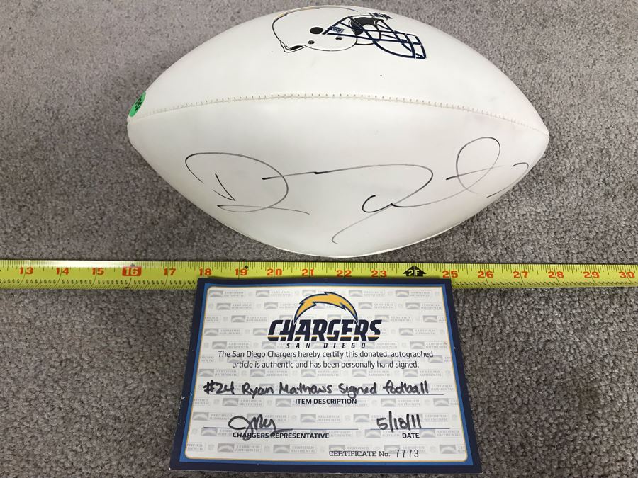 Ryan Mathews Hand Signed San Diego Chargers Football With Certificate Of Authenticity 12L