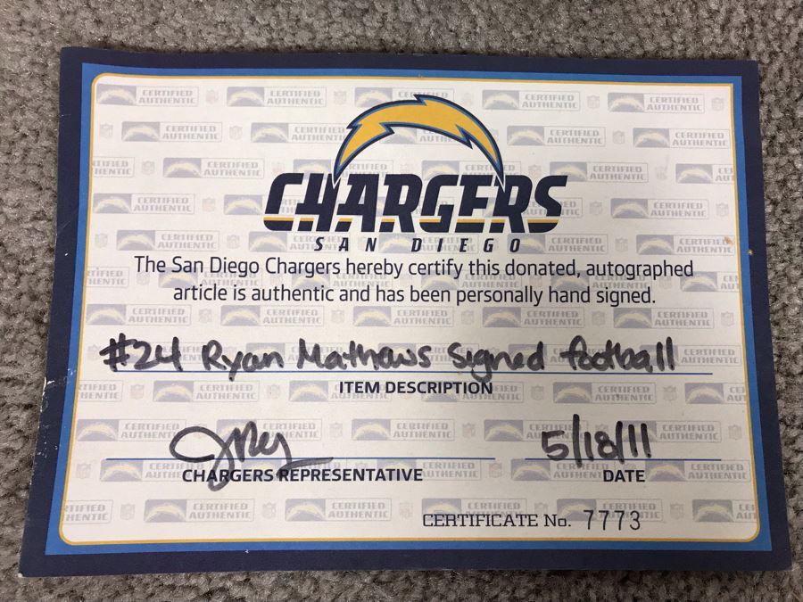 Ryan Mathews Hand Signed San Diego Chargers Football With Certificate Of Authenticity 12L [Photo 6]