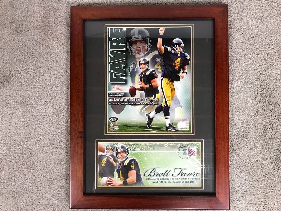 Framed Official NFL Collectible Featuring Brett Favre Highlighting Career High And Tie With Joe Namath's Record Of Six Touchdowns In One Game 14 X 18