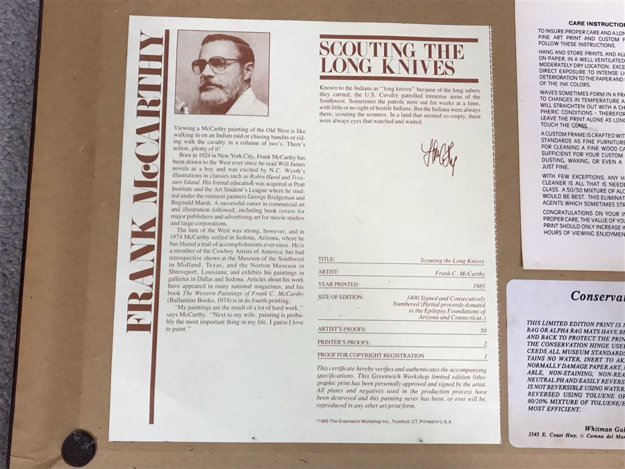 Frank C. McCarthy Signed Limited Edition Lithograph Titled 'Scouting The Long Knives' 32 X 13 [Photo 11]