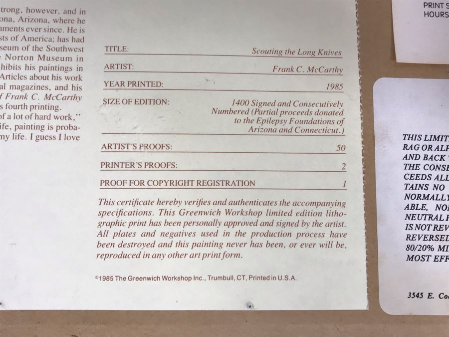 Frank C. McCarthy Signed Limited Edition Lithograph Titled 'Scouting The Long Knives' 32 X 13 [Photo 12]