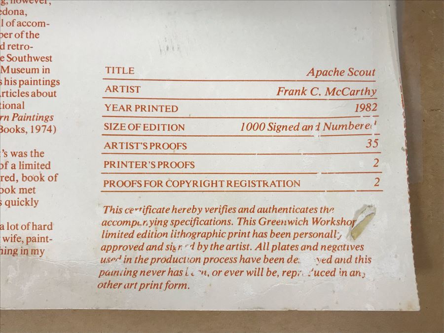 Frank C. McCarthy Signed Limited Edition Lithograph Titled 'Apache Scout' 29 X 16 [Photo 12]