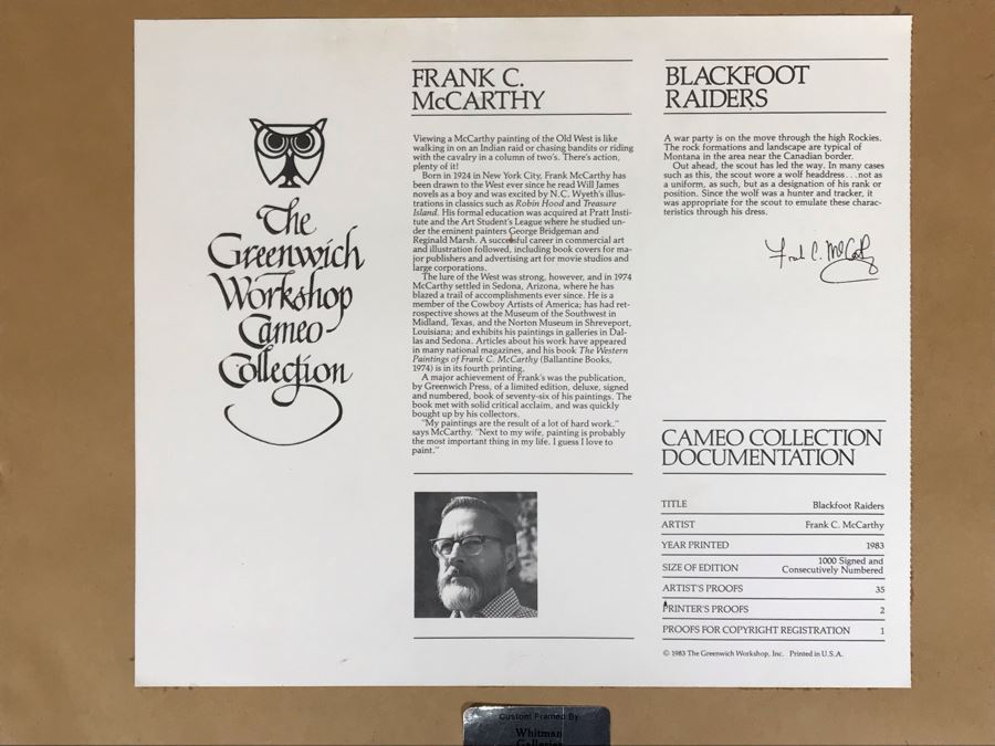 Frank C. McCarthy Signed Limited Edition Lithograph Titled 'Blackfoot Raiders' 9 X 12 [Photo 11]