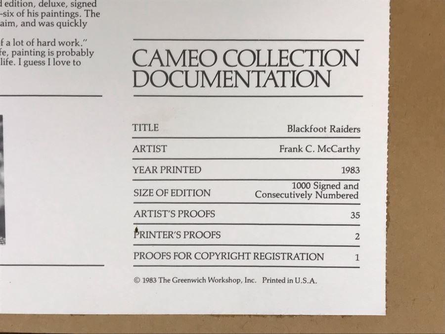 Frank C. McCarthy Signed Limited Edition Lithograph Titled 'Blackfoot Raiders' 9 X 12 [Photo 13]
