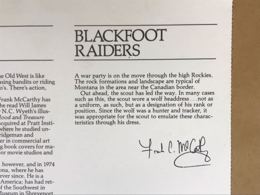 Frank C. McCarthy Signed Limited Edition Lithograph Titled 'Blackfoot Raiders' 9 X 12 [Photo 12]