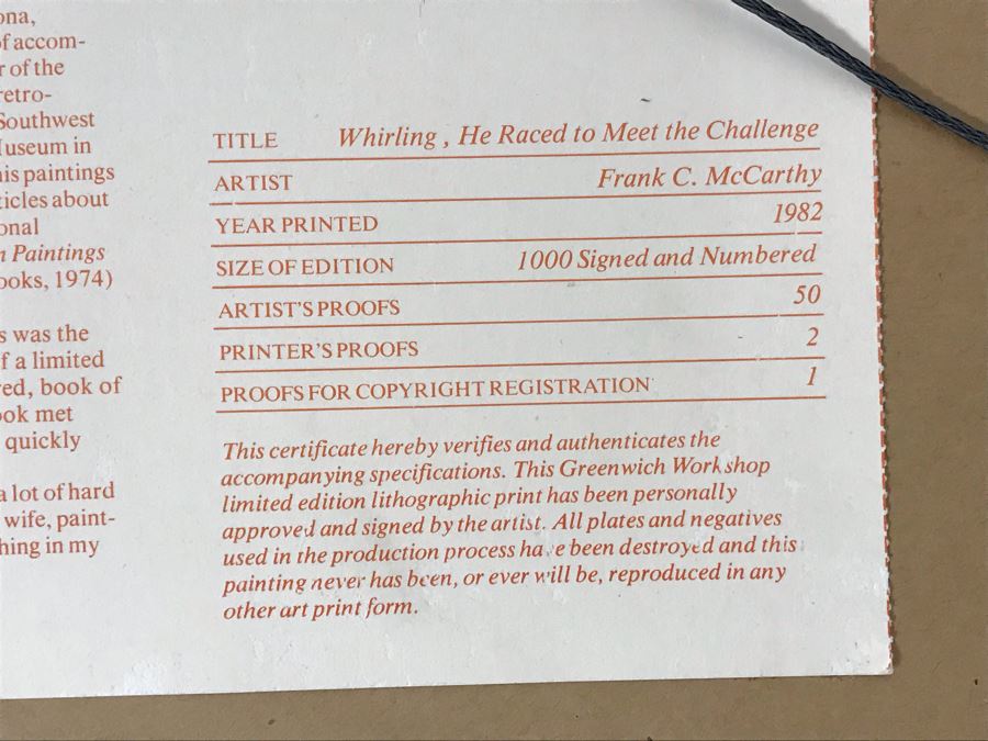 Frank C. McCarthy Signed Limited Edition Lithograph Titled 'Whirling, He Raced To Meet The Challenge' [Photo 11]