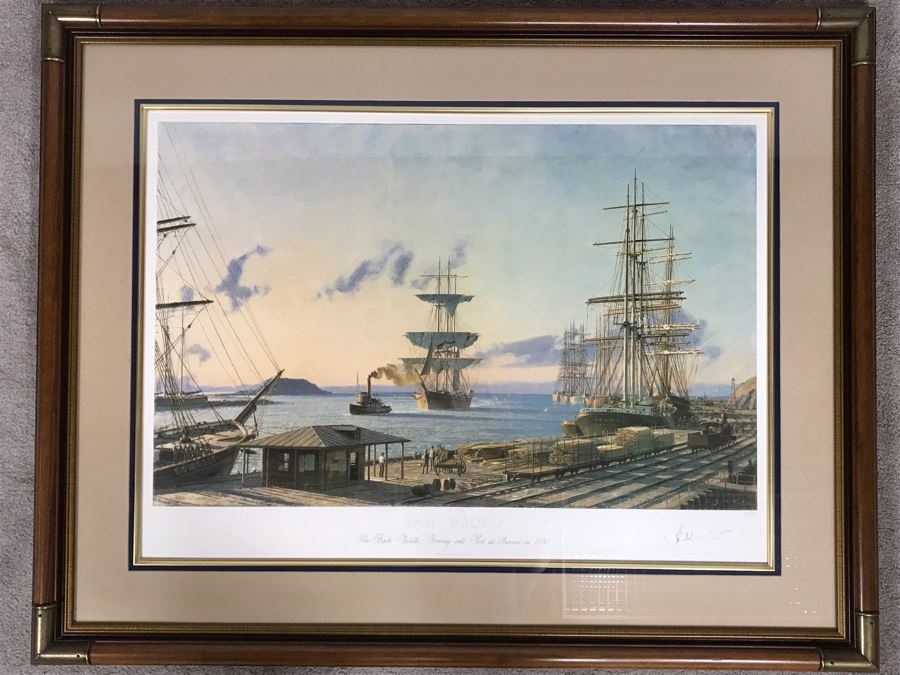 John Stobart Signed Limited Edition Framed Lithograph Titled 'San Pedro: The Bark 'Vidette' Towing Into Port At Sunrise In 1890' 32 X 23