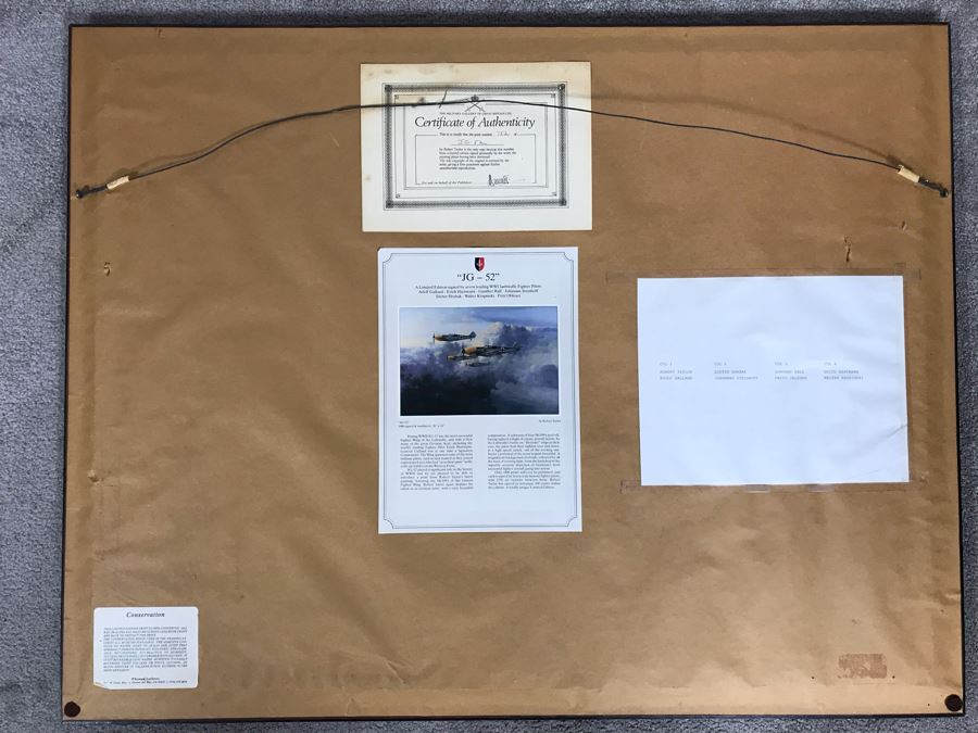 Robert Taylor Signed Framed Limited Edition Lithograph Titled 'JG-52' The ME109E's Of Jagdgeschwader (Fighter Wing) 52 1940 Signed By Seven WWI Luftwaffe Fighter Pilots: Adolf Galland, Erich Hartmann, Gunther Rall And Four Others 28 X 20 [Photo 18]