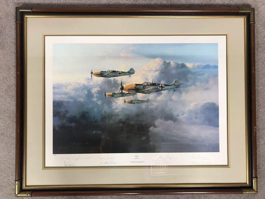 Robert Taylor Signed Framed Limited Edition Lithograph Titled 'JG-52' The ME109E's Of Jagdgeschwader (Fighter Wing) 52 1940 Signed By Seven WWI Luftwaffe Fighter Pilots: Adolf Galland, Erich Hartmann, Gunther Rall And Four Others 28 X 20 [Photo 2]