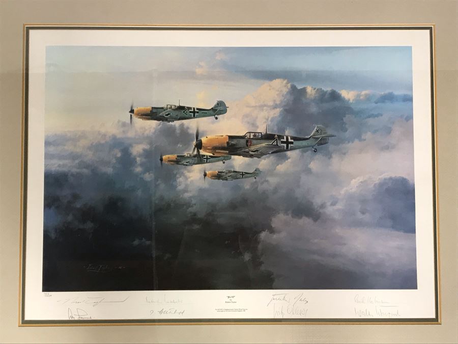Robert Taylor Signed Framed Limited Edition Lithograph Titled 'JG-52' The ME109E's Of Jagdgeschwader (Fighter Wing) 52 1940 Signed By Seven WWI Luftwaffe Fighter Pilots: Adolf Galland, Erich Hartmann, Gunther Rall And Four Others 28 X 20 [Photo 4]