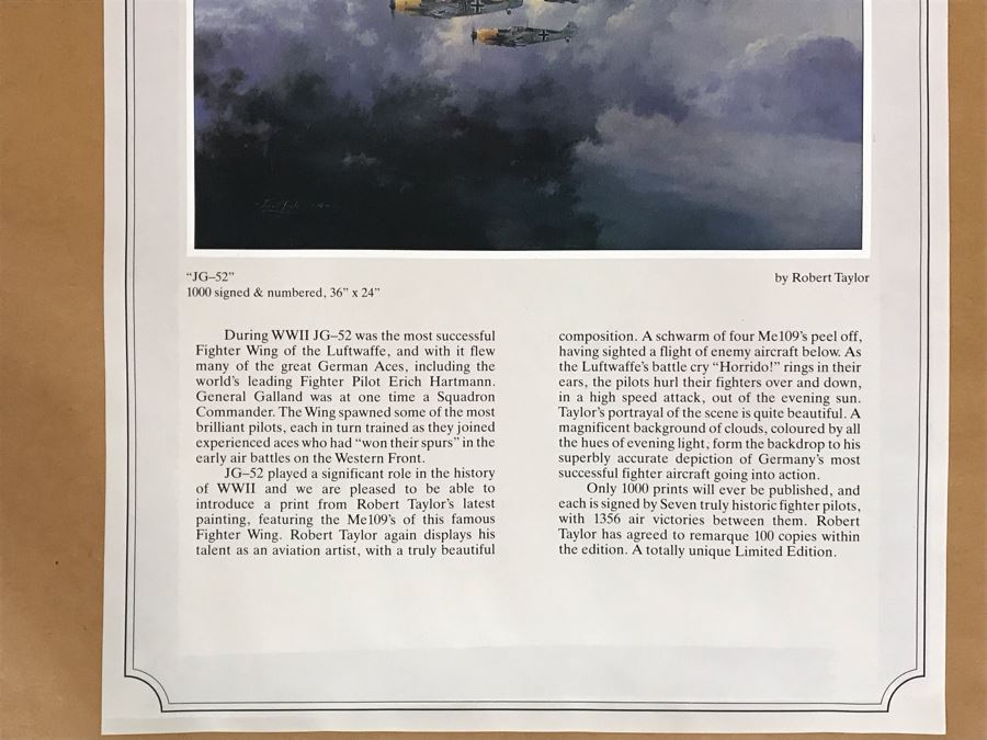 Robert Taylor Signed Framed Limited Edition Lithograph Titled 'JG-52' The ME109E's Of Jagdgeschwader (Fighter Wing) 52 1940 Signed By Seven WWI Luftwaffe Fighter Pilots: Adolf Galland, Erich Hartmann, Gunther Rall And Four Others 28 X 20 [Photo 23]