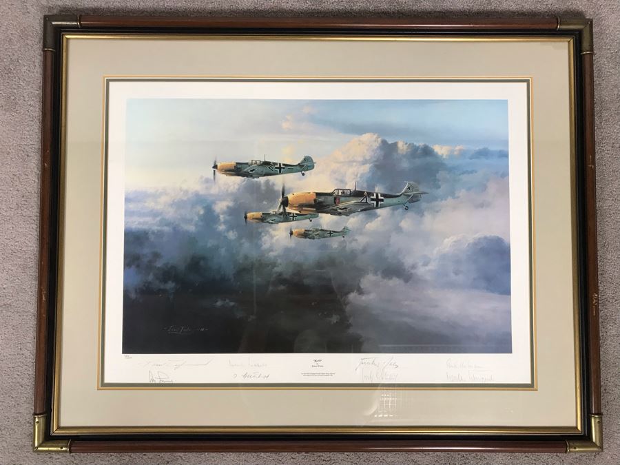 Robert Taylor Signed Framed Limited Edition Lithograph Titled 'JG-52' The ME109E's Of Jagdgeschwader (Fighter Wing) 52 1940 Signed By Seven WWI Luftwaffe Fighter Pilots: Adolf Galland, Erich Hartmann, Gunther Rall And Four Others 28 X 20 [Photo 1]