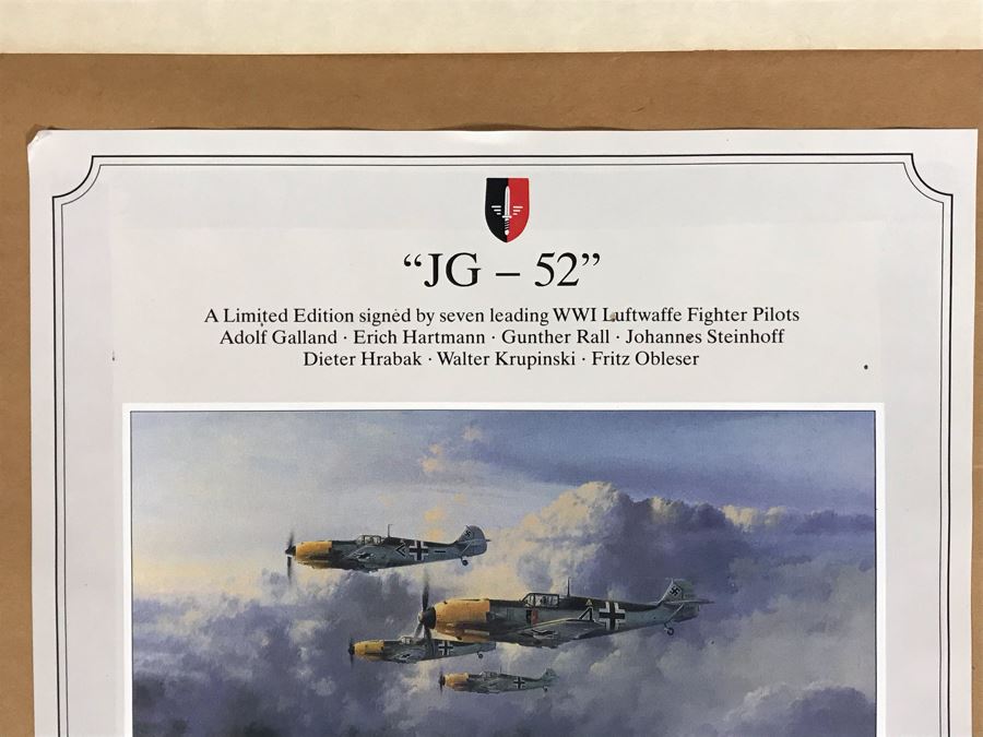 Robert Taylor Signed Framed Limited Edition Lithograph Titled 'JG-52' The ME109E's Of Jagdgeschwader (Fighter Wing) 52 1940 Signed By Seven WWI Luftwaffe Fighter Pilots: Adolf Galland, Erich Hartmann, Gunther Rall And Four Others 28 X 20 [Photo 22]