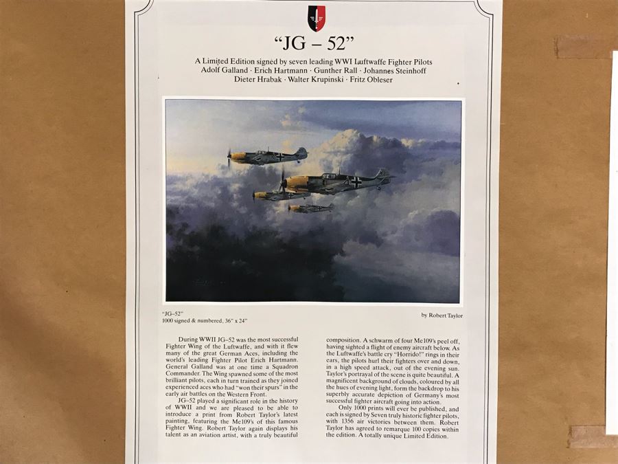 Robert Taylor Signed Framed Limited Edition Lithograph Titled 'JG-52' The ME109E's Of Jagdgeschwader (Fighter Wing) 52 1940 Signed By Seven WWI Luftwaffe Fighter Pilots: Adolf Galland, Erich Hartmann, Gunther Rall And Four Others 28 X 20 [Photo 21]