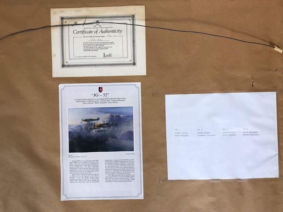 Robert Taylor Signed Framed Limited Edition Lithograph Titled 'JG-52' The ME109E's Of Jagdgeschwader (Fighter Wing) 52 1940 Signed By Seven WWI Luftwaffe Fighter Pilots: Adolf Galland, Erich Hartmann, Gunther Rall And Four Others 28 X 20 [Photo 19]