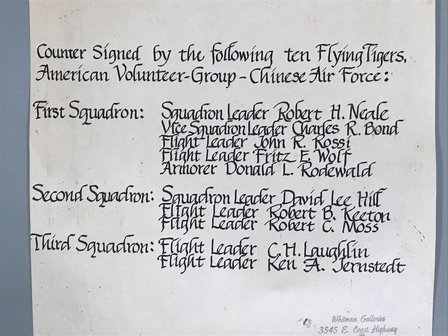 William S. Phillips Limited Edition Framed Lithograph Titled 'Next Time Get 'Em All' 1941 P-49Bs Dive To Attack Japanese Bombers Signed By Willam S. Phillips And Ten Flying Tigers Incl Robert H. Neale, Charles R. Bond, John R. Rossi 23 X 32 - See Photos [Photo 24]