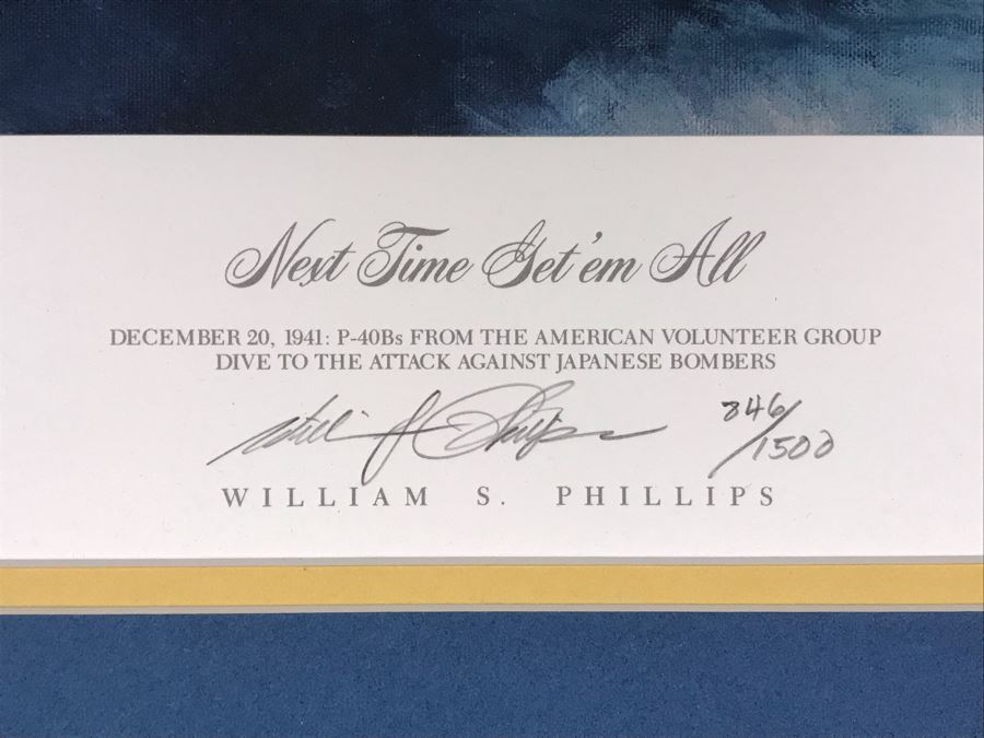 William S. Phillips Limited Edition Framed Lithograph Titled 'Next Time Get 'Em All' 1941 P-49Bs Dive To Attack Japanese Bombers Signed By Willam S. Phillips And Ten Flying Tigers Incl Robert H. Neale, Charles R. Bond, John R. Rossi 23 X 32 - See Photos [Photo 10]