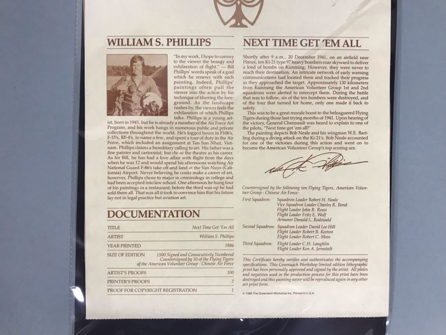 William S. Phillips Limited Edition Framed Lithograph Titled 'Next Time Get 'Em All' 1941 P-49Bs Dive To Attack Japanese Bombers Signed By Willam S. Phillips And Ten Flying Tigers Incl Robert H. Neale, Charles R. Bond, John R. Rossi 23 X 32 - See Photos [Photo 18]