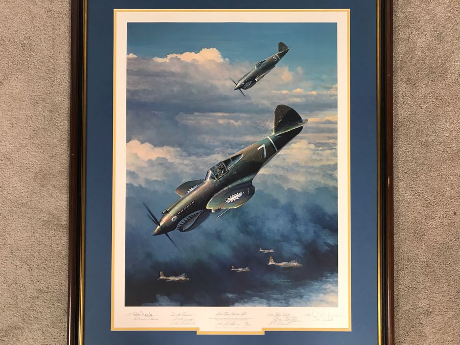 William S. Phillips Limited Edition Framed Lithograph Titled 'Next Time Get 'Em All' 1941 P-49Bs Dive To Attack Japanese Bombers Signed By Willam S. Phillips And Ten Flying Tigers Incl Robert H. Neale, Charles R. Bond, John R. Rossi 23 X 32 - See Photos [Photo 1]