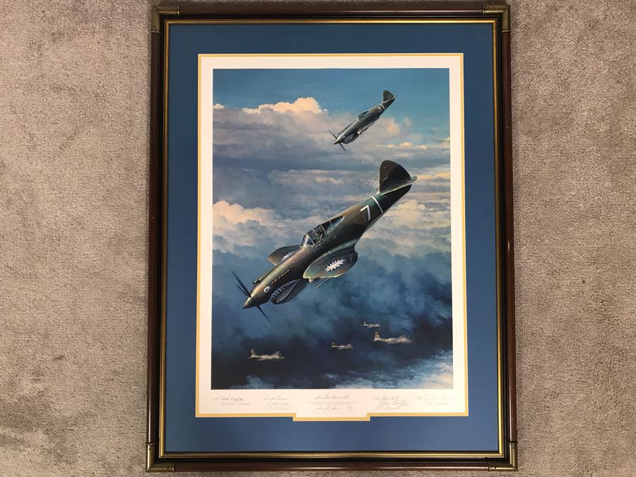 William S. Phillips Limited Edition Framed Lithograph Titled 'Next Time Get 'Em All' 1941 P-49Bs Dive To Attack Japanese Bombers Signed By Willam S. Phillips And Ten Flying Tigers Incl Robert H. Neale, Charles R. Bond, John R. Rossi 23 X 32 - See Photos [Photo 2]
