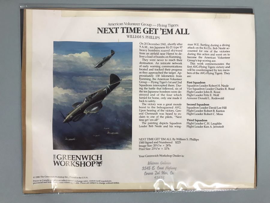 William S. Phillips Limited Edition Framed Lithograph Titled 'Next Time Get 'Em All' 1941 P-49Bs Dive To Attack Japanese Bombers Signed By Willam S. Phillips And Ten Flying Tigers Incl Robert H. Neale, Charles R. Bond, John R. Rossi 23 X 32 - See Photos [Photo 17]