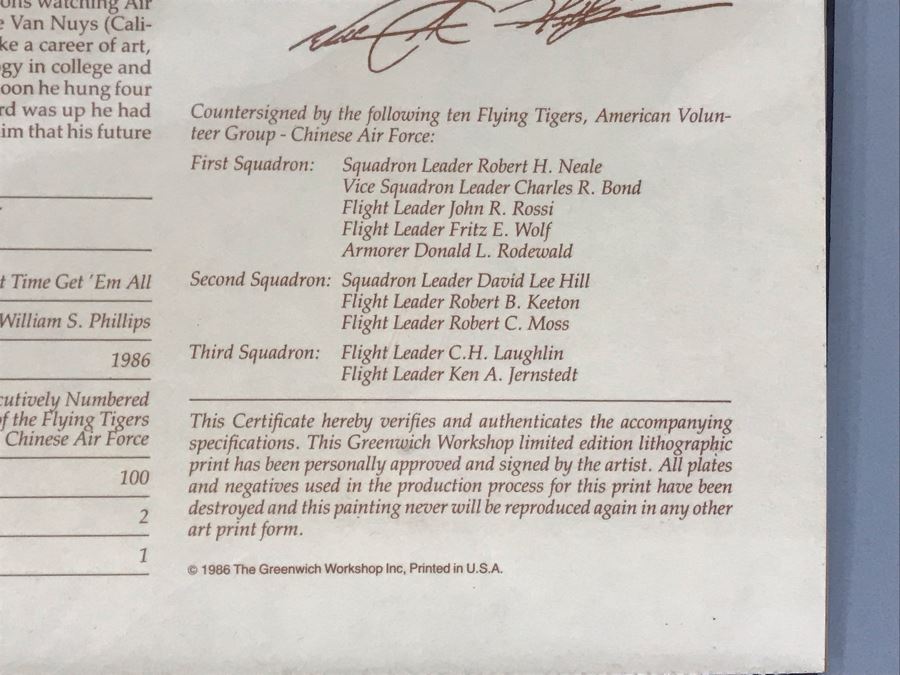 William S. Phillips Limited Edition Framed Lithograph Titled 'Next Time Get 'Em All' 1941 P-49Bs Dive To Attack Japanese Bombers Signed By Willam S. Phillips And Ten Flying Tigers Incl Robert H. Neale, Charles R. Bond, John R. Rossi 23 X 32 - See Photos [Photo 20]