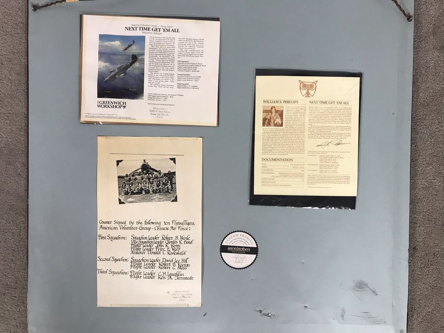 William S. Phillips Limited Edition Framed Lithograph Titled 'Next Time Get 'Em All' 1941 P-49Bs Dive To Attack Japanese Bombers Signed By Willam S. Phillips And Ten Flying Tigers Incl Robert H. Neale, Charles R. Bond, John R. Rossi 23 X 32 - See Photos [Photo 16]