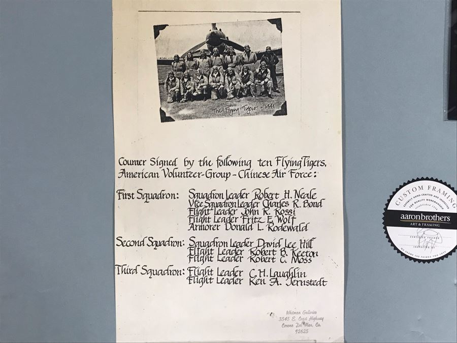 William S. Phillips Limited Edition Framed Lithograph Titled 'Next Time Get 'Em All' 1941 P-49Bs Dive To Attack Japanese Bombers Signed By Willam S. Phillips And Ten Flying Tigers Incl Robert H. Neale, Charles R. Bond, John R. Rossi 23 X 32 - See Photos [Photo 22]