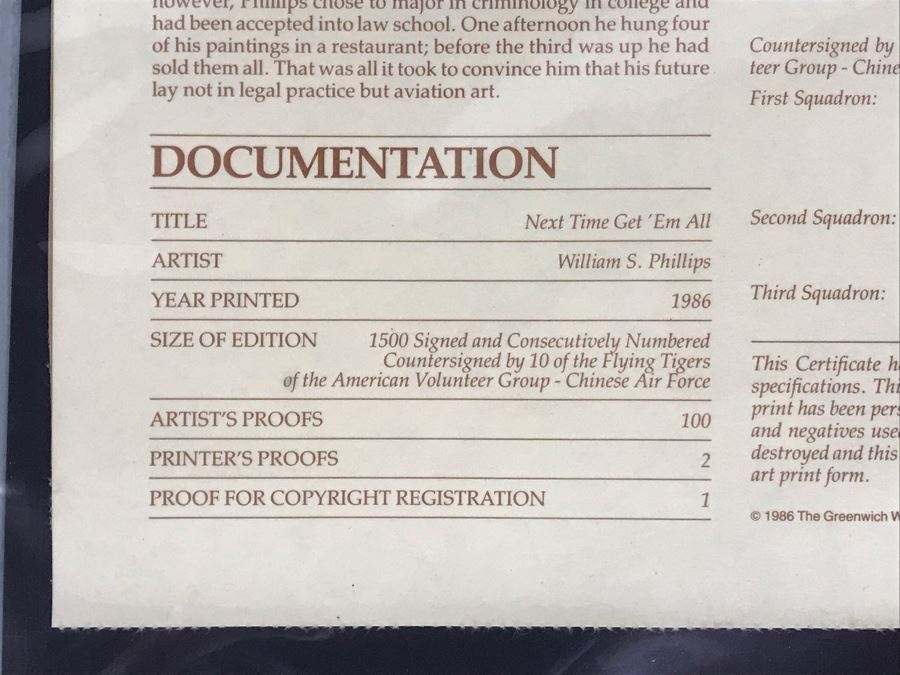 William S. Phillips Limited Edition Framed Lithograph Titled 'Next Time Get 'Em All' 1941 P-49Bs Dive To Attack Japanese Bombers Signed By Willam S. Phillips And Ten Flying Tigers Incl Robert H. Neale, Charles R. Bond, John R. Rossi 23 X 32 - See Photos [Photo 19]