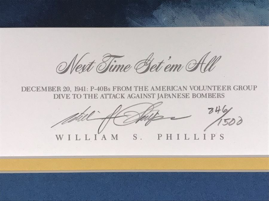 William S. Phillips Limited Edition Framed Lithograph Titled 'Next Time Get 'Em All' 1941 P-49Bs Dive To Attack Japanese Bombers Signed By Willam S. Phillips And Ten Flying Tigers Incl Robert H. Neale, Charles R. Bond, John R. Rossi 23 X 32 - See Photos [Photo 11]