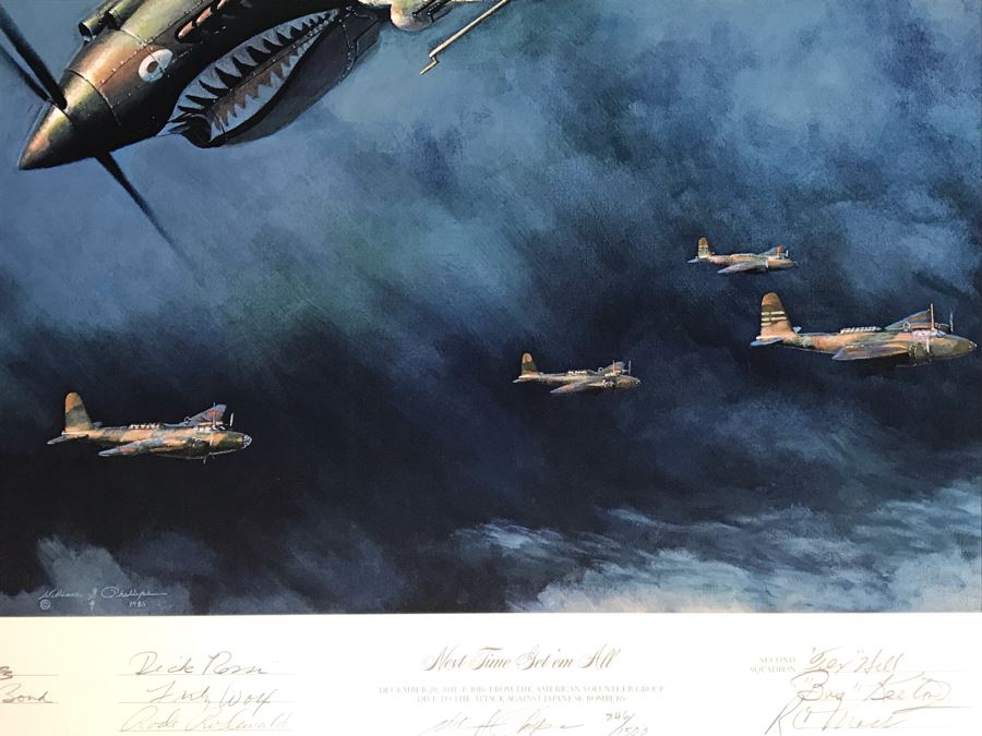 William S. Phillips Limited Edition Framed Lithograph Titled 'Next Time Get 'Em All' 1941 P-49Bs Dive To Attack Japanese Bombers Signed By Willam S. Phillips And Ten Flying Tigers Incl Robert H. Neale, Charles R. Bond, John R. Rossi 23 X 32 - See Photos [Photo 8]