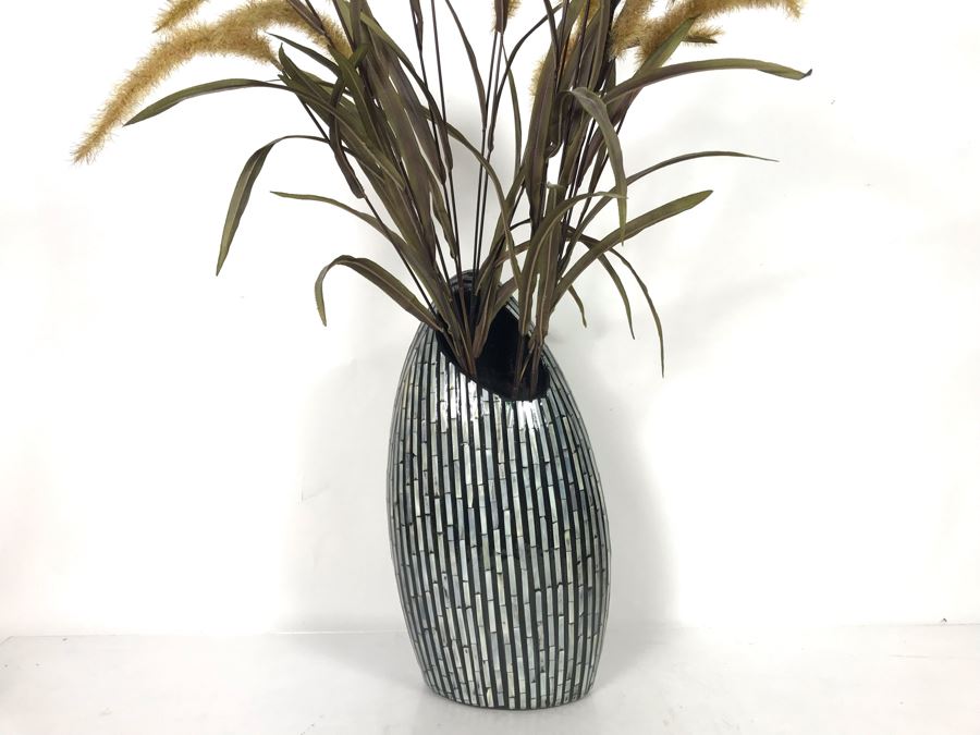 Mother Of Pearl Inlay Vase With Artificial Flowers 10W X 16H [Photo 1]
