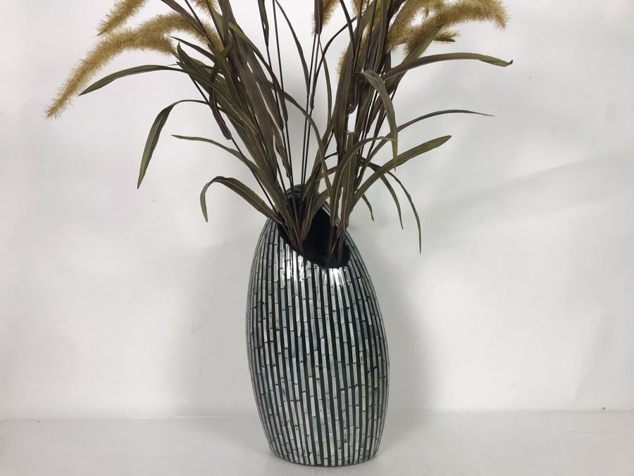Mother Of Pearl Inlay Vase With Artificial Flowers 10W X 16H [Photo 2]