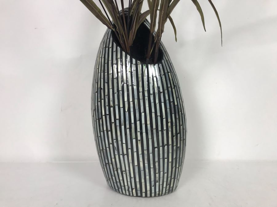Mother Of Pearl Inlay Vase With Artificial Flowers 10W X 16H [Photo 3]
