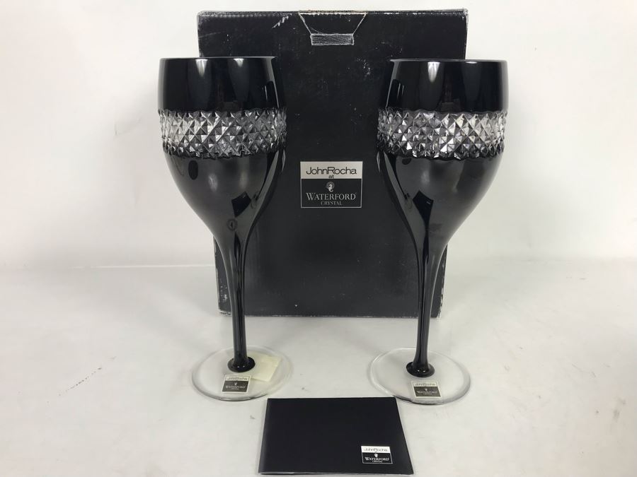 Pair Of New John Rocha Designer Waterford Crystal Red Wine High Hand Cased Lead Crystal Stemware Glasses In Black With Original Box [Photo 2]